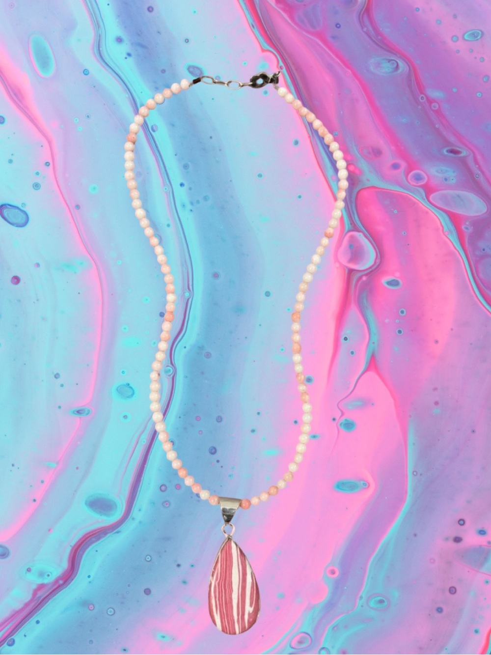 RHODOCROSITE Pink Beaded Necklace with Teardrop RHODOCROSITE Pendant